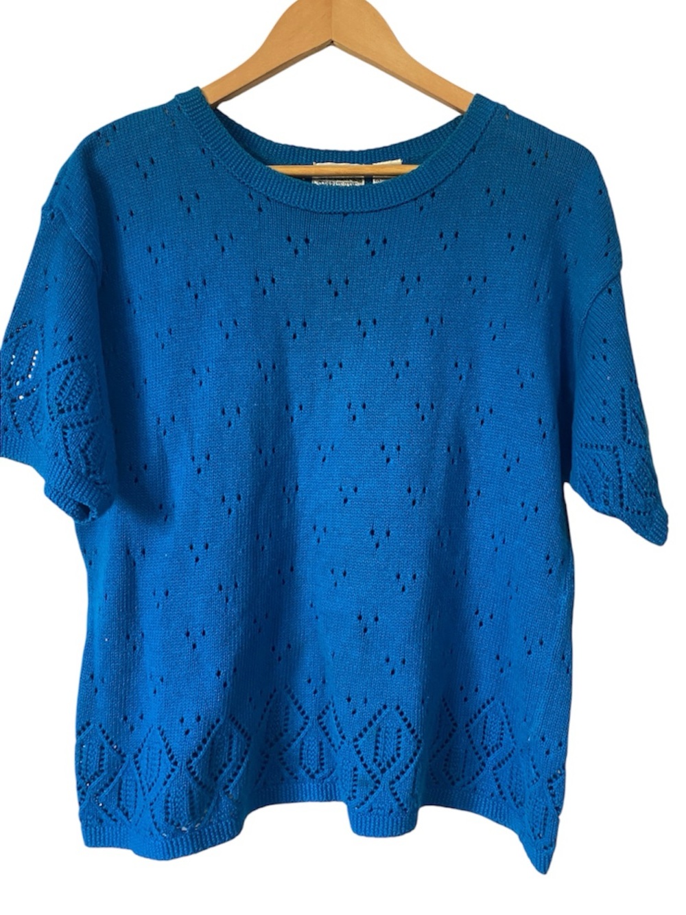 Vtg Separate Scene Short Sleeve Pointelle Knit Sweater M Bright Blue Knit
